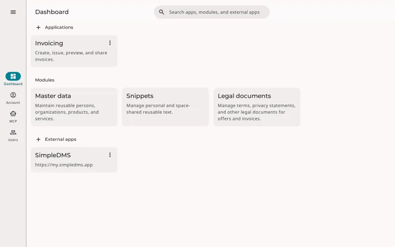 Dashboard of an Erdikon space with invoicing, master data, snippets, and legal documents