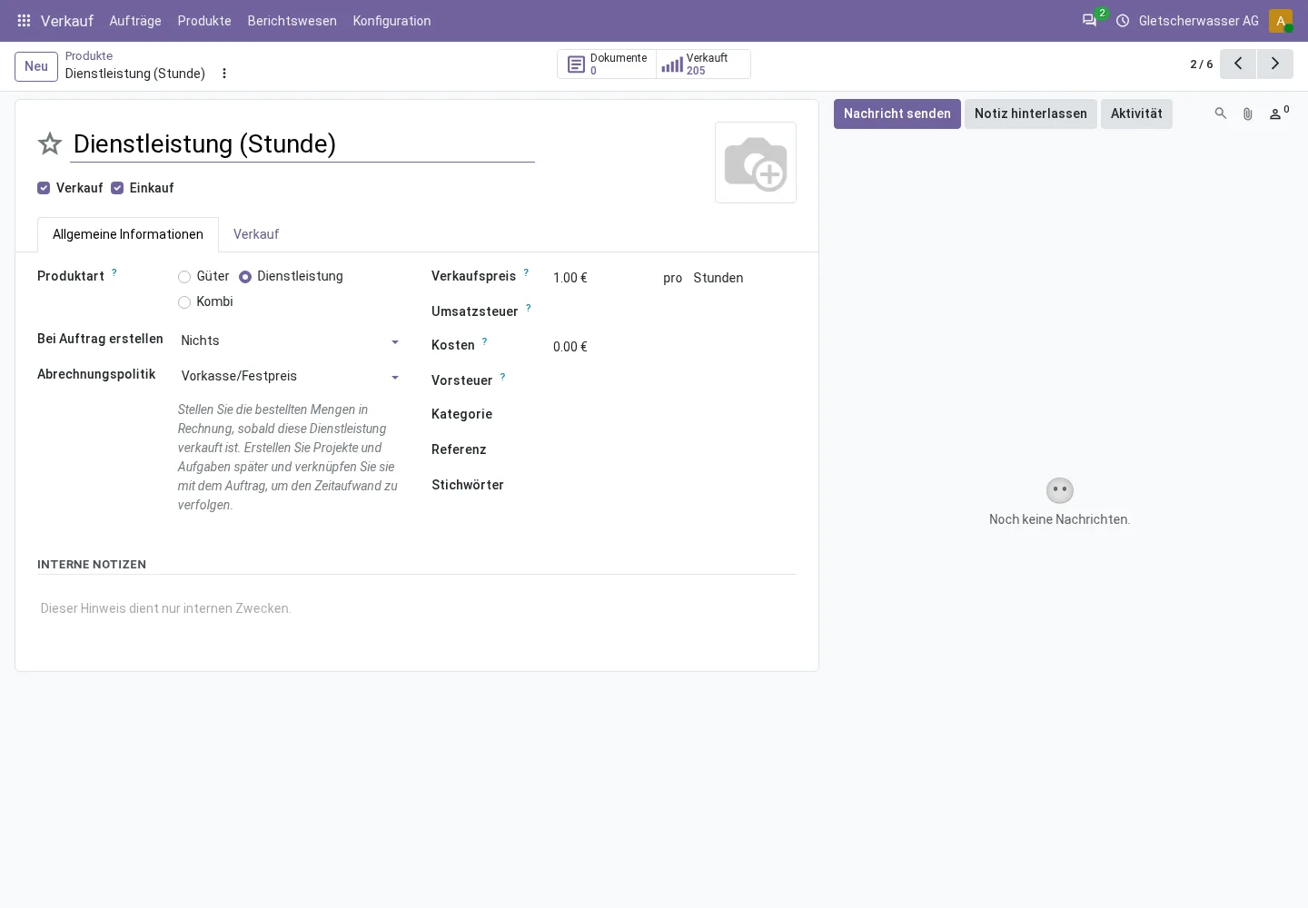 Odoo product details of a service billed by the hour