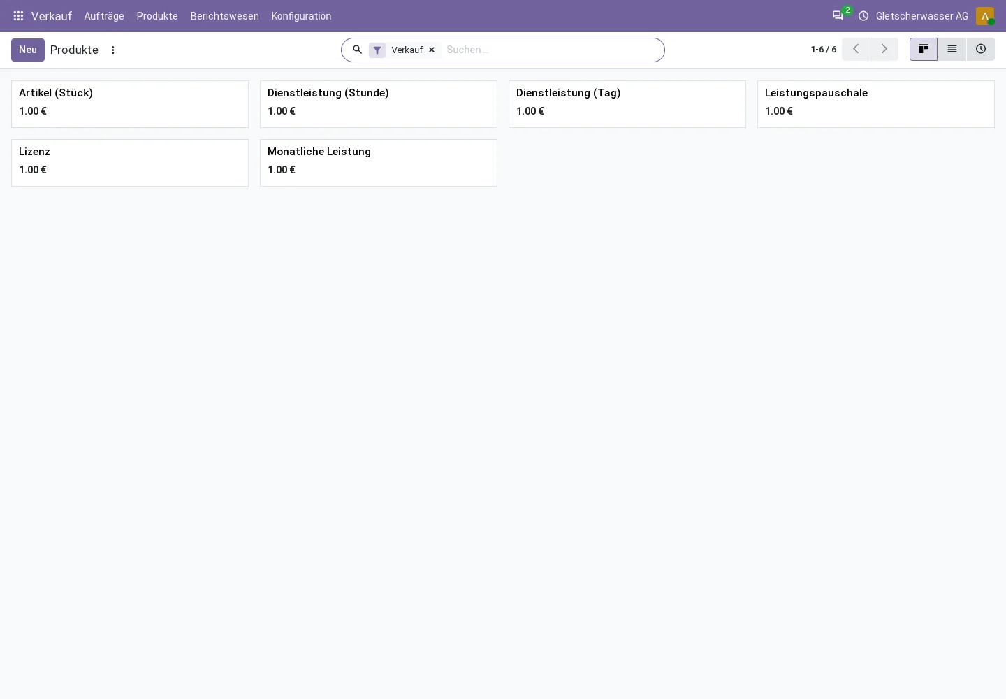 Odoo product catalog with goods and services