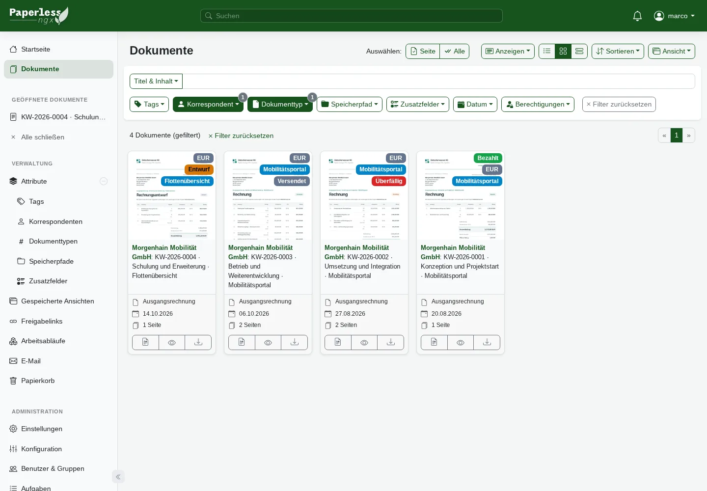 Four outgoing invoices from one correspondent in Paperless-ngx with two active attribute filters