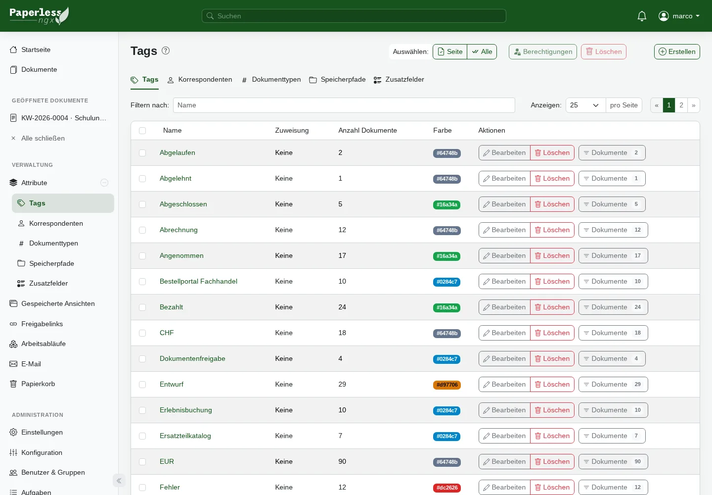 Tag management in Paperless-ngx with names, colors, and number of assigned documents