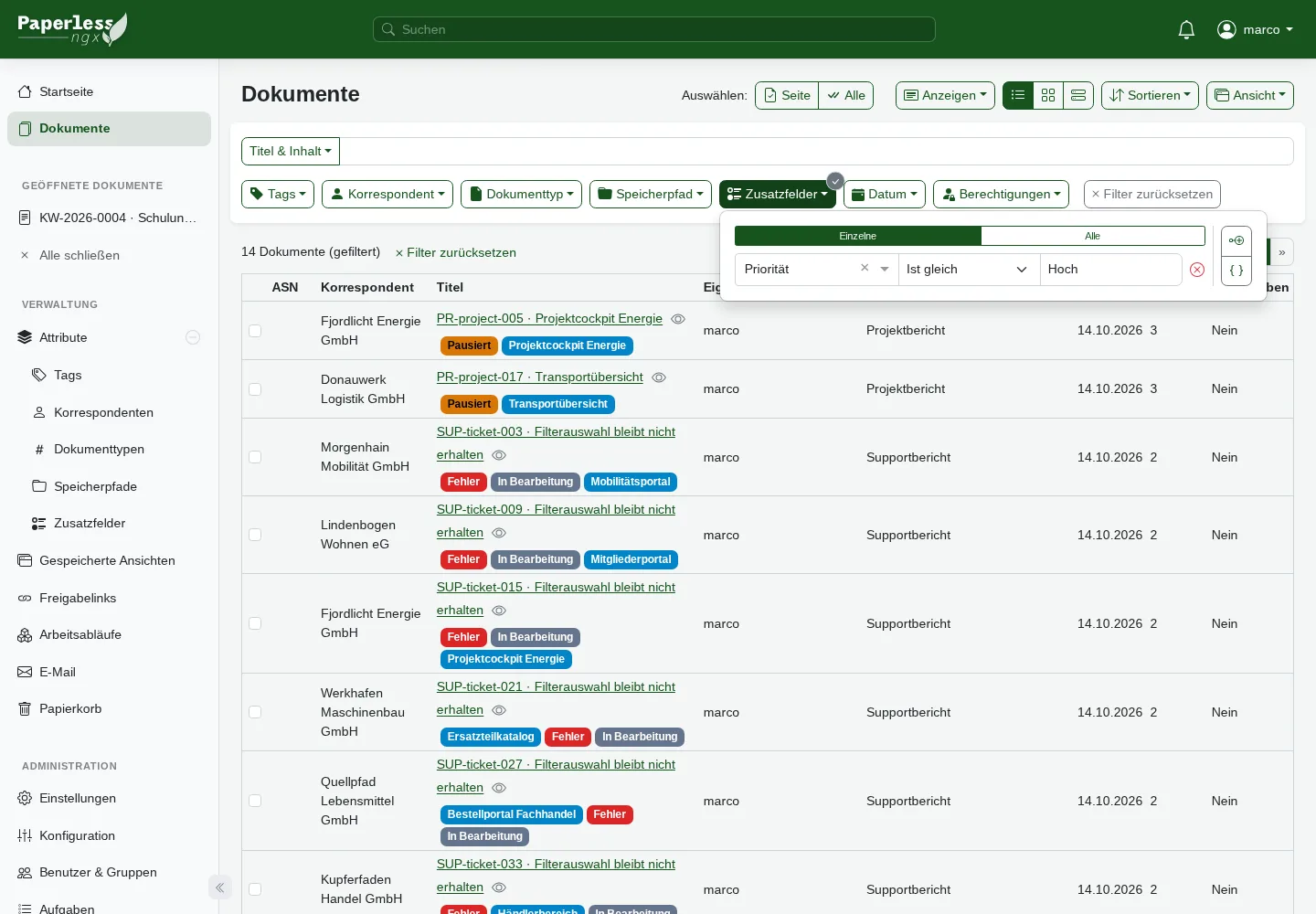 Paperless-ngx filter for the custom field priority with the value high and 14 results