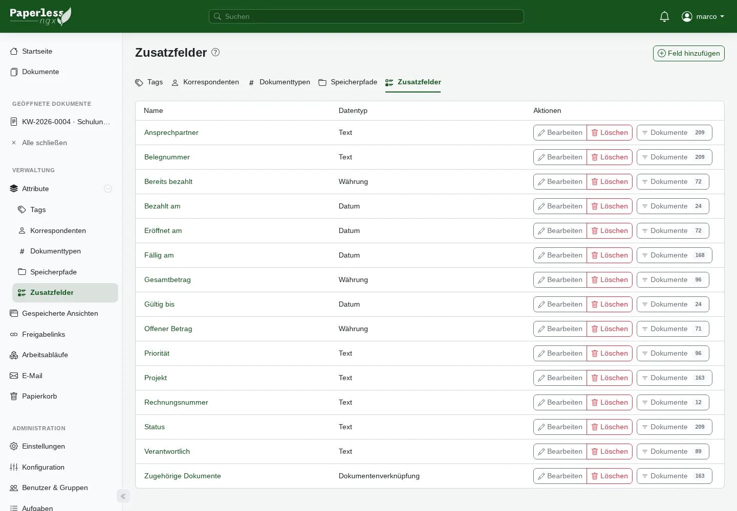 15 configured custom fields in Paperless-ngx with the data types text, monetary, date, and document link